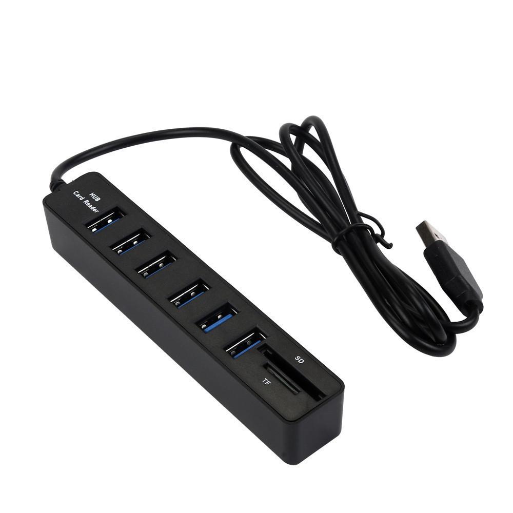 True 2.0 USB Hub: 6-Port Splitter Docking Station with 2-in-1 Card Reader for File Transfer