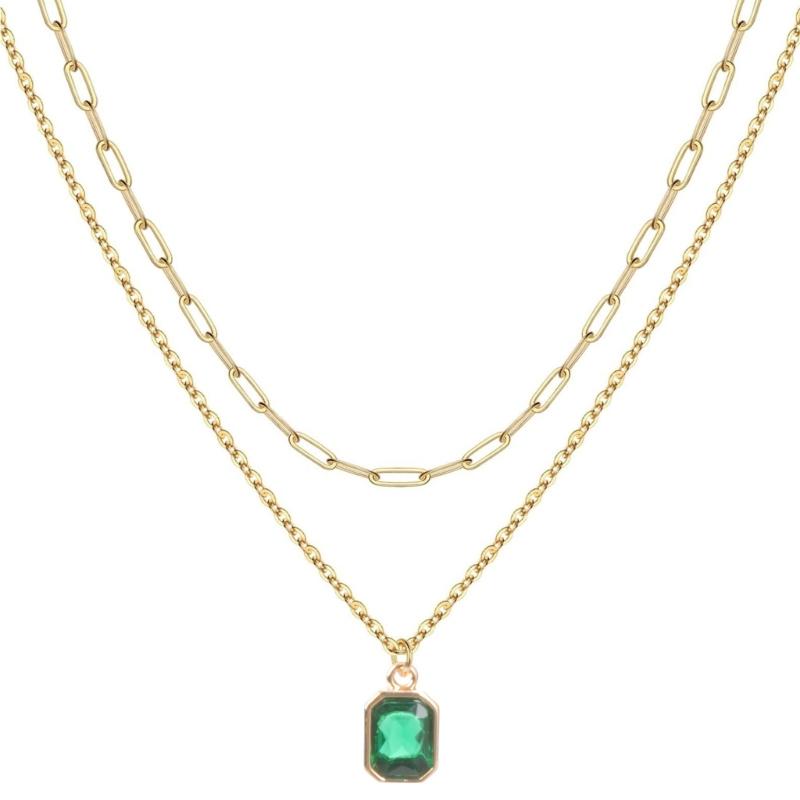 Elegant Double Layer Necklace Featuring December Birthstones And 18k Gold Plating Rectangular Design Neckchain For Women
