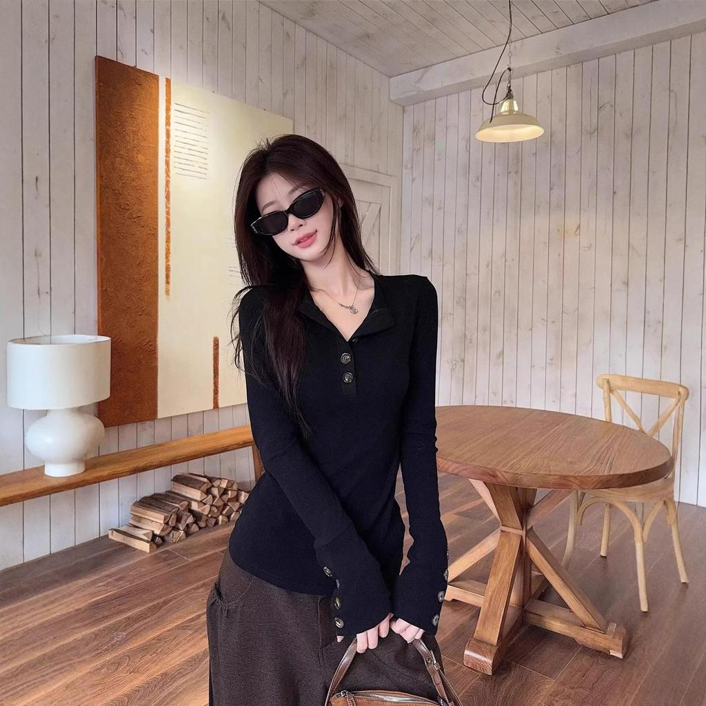 Guzikowy Top z Długim Rękawem, Dopasowany, w Koreańskim Stylu