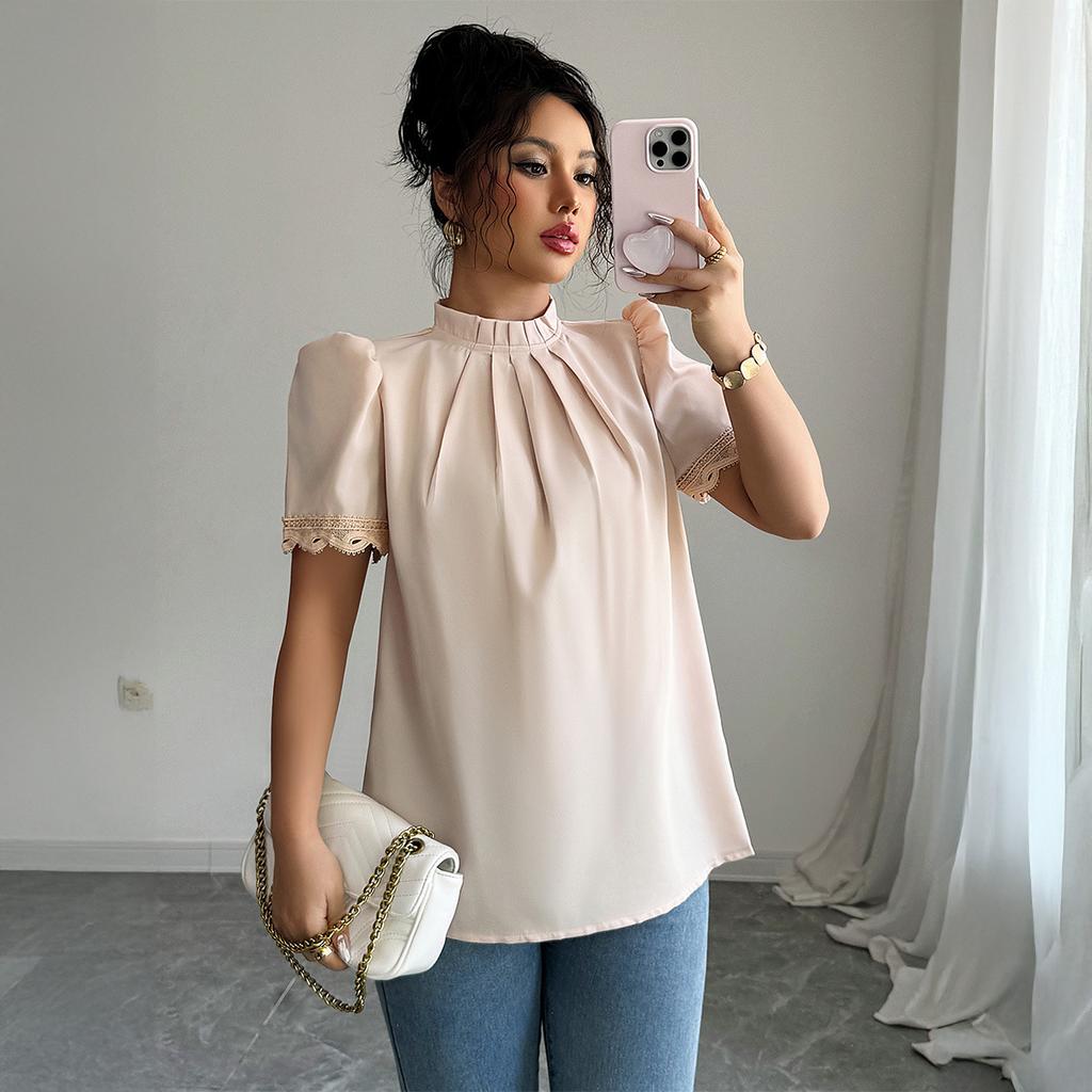 Women's Clothing Spring and Summer Simple Fashionable Style Embroidered Sleeve Round Collar Shirt
