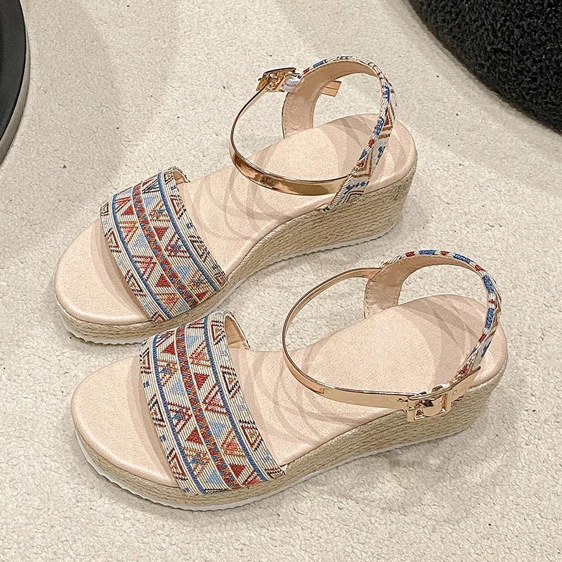 Fashion Women's Sandals Bohemian Champagne Platform Shoes for Women Fashion Buckle Wedge Sandal Summer Thick Bottom Open Toe Sandalias