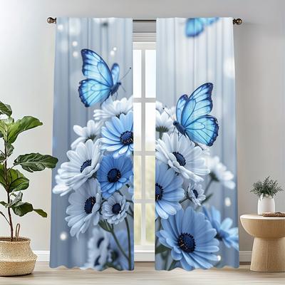 2Pc Blue And White Floral Butterfly Pattern Curtains, Polyester Fabric, Machine Washable, Suitable For Bedroom And Living Room