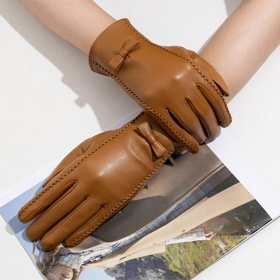 Leather Gloves Women's Bow  Sheepskin with Fleece  Windproof and Warm Cycling Clothing Gloves for Autumn and Winter