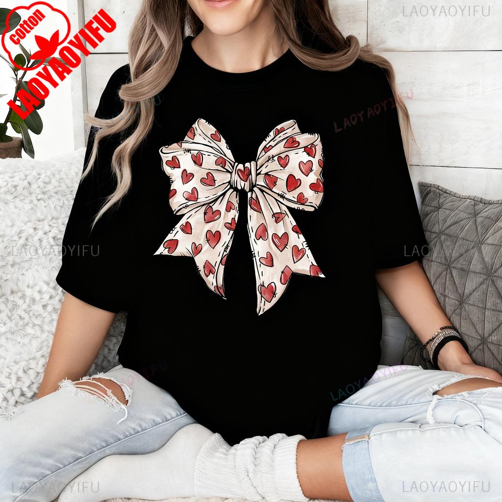 Valentines Day Heart Bow Coquette Bow Trending TShirt Novelty Gift for Girlfriend Crewneck Casual Style Printed Tshirt Tops