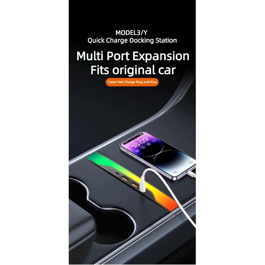 For Tesla Model Y 2023 Accessories USB Hub 4-Port 27W Fast Charger Smart Docking Station Adapter Power Shunt Splitter Extension