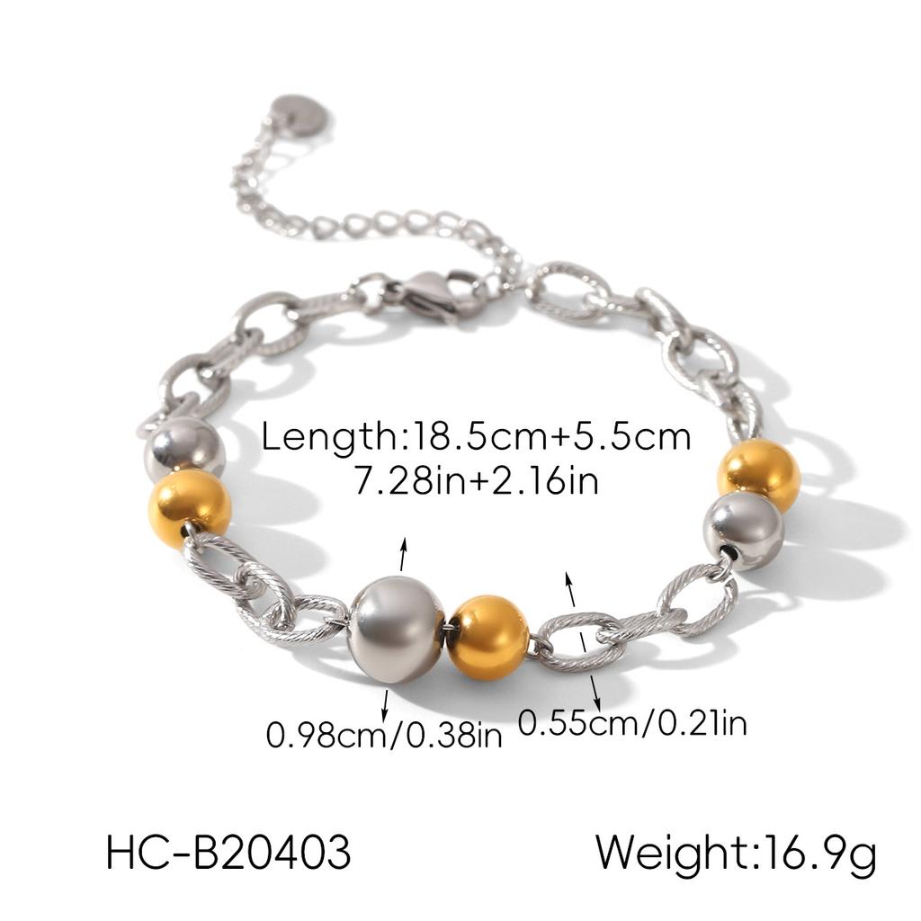 Gold and Silver Two-tone Stainless Steel Round Bead Bracelet for Women, Versatile Color-block Beaded Bangle