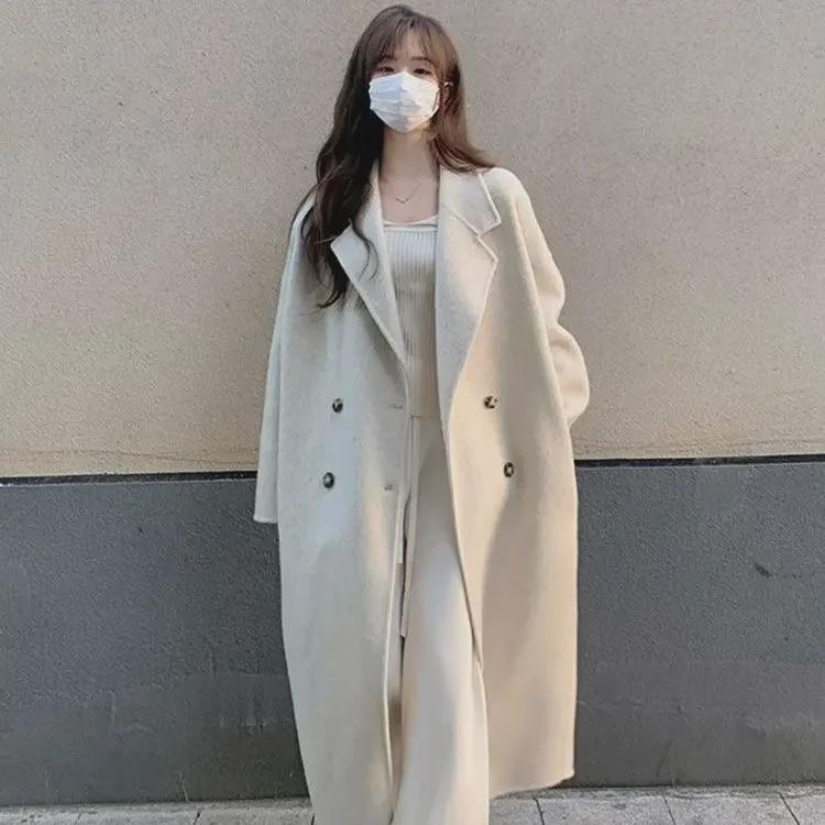 Women's Beige Wool Coat - Luxurious, High-End Celebrity Style, Thickened, Medium-Length