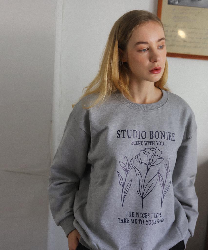 BONIEE [Fleece Lined] Vintage Flower Graphic Oversized Sweatshirt Gray