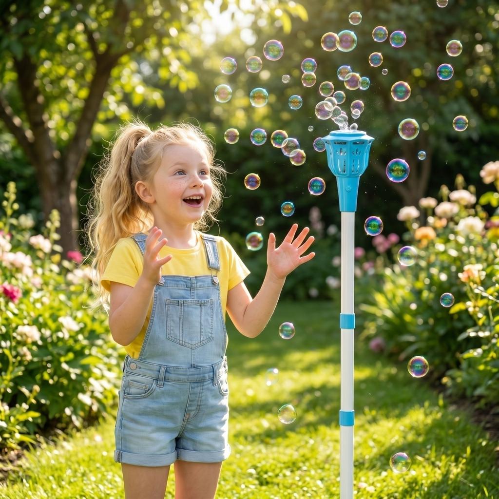 Outdoor Bubble Machine with Light and Standing Pole Automatic Bubble Blower Toy for Kids and Parties Easy to Use Durable Design