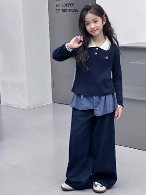Fall Girls' Slim Fit Peplum Polo Sweatshirt & Wide Leg Denim Pants Set