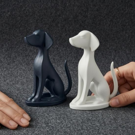 3D Printed Geometric Dog Sculpture Modern Minimalist Desk Decor Matte Black & White