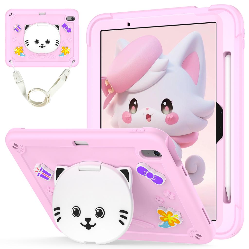 For iPad Air 11 (2025)/(2024) Case PC + Silicone Tablet Cover with Cat Kickstand/Shoulder Strap