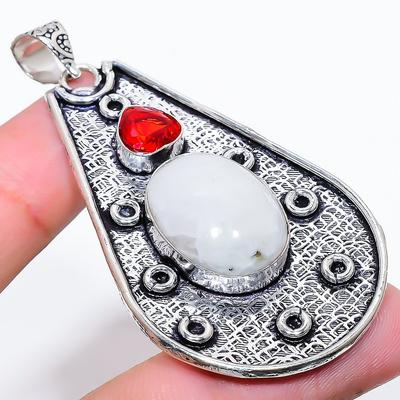 Natural Rainbow Moonstone, Garnet 925 Sterling Silver Gift Pendant 2.56" v7C62