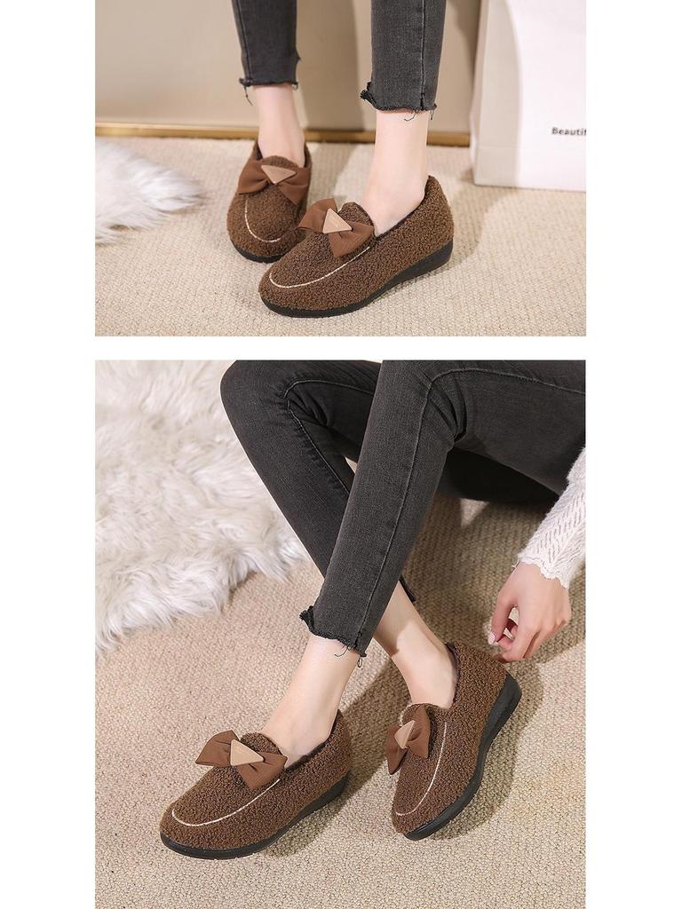 Dámské bavlněné teplé domácí boty v korejském stylu s mašličkou a sametovou podšívkou