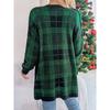 QICED Autumn and Winter Casual Color-blocking Checkered Pocket Long-sleeved Cardigan Sweater Jacket for Christmas Women's Wear