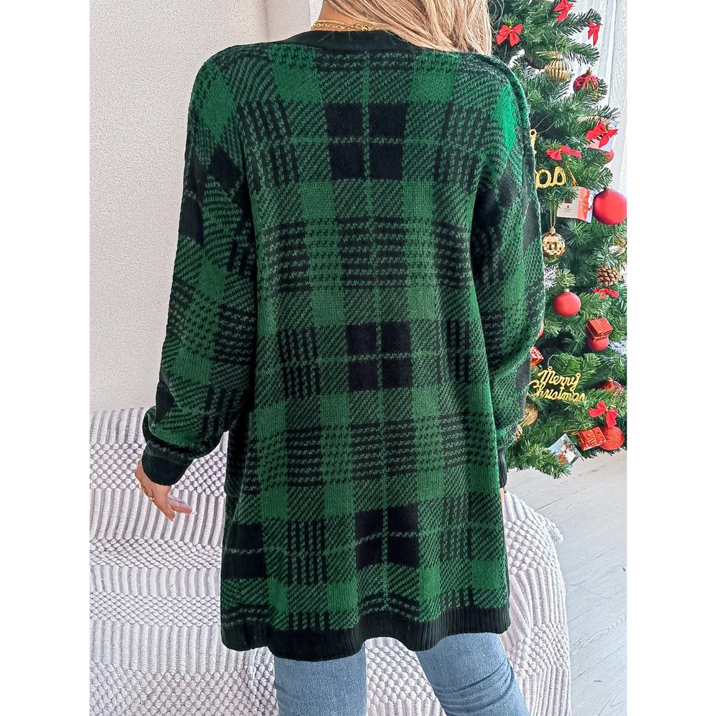 QICED Autumn and Winter Casual Color-blocking Checkered Pocket Long-sleeved Cardigan Sweater Jacket for Christmas Women's Wear