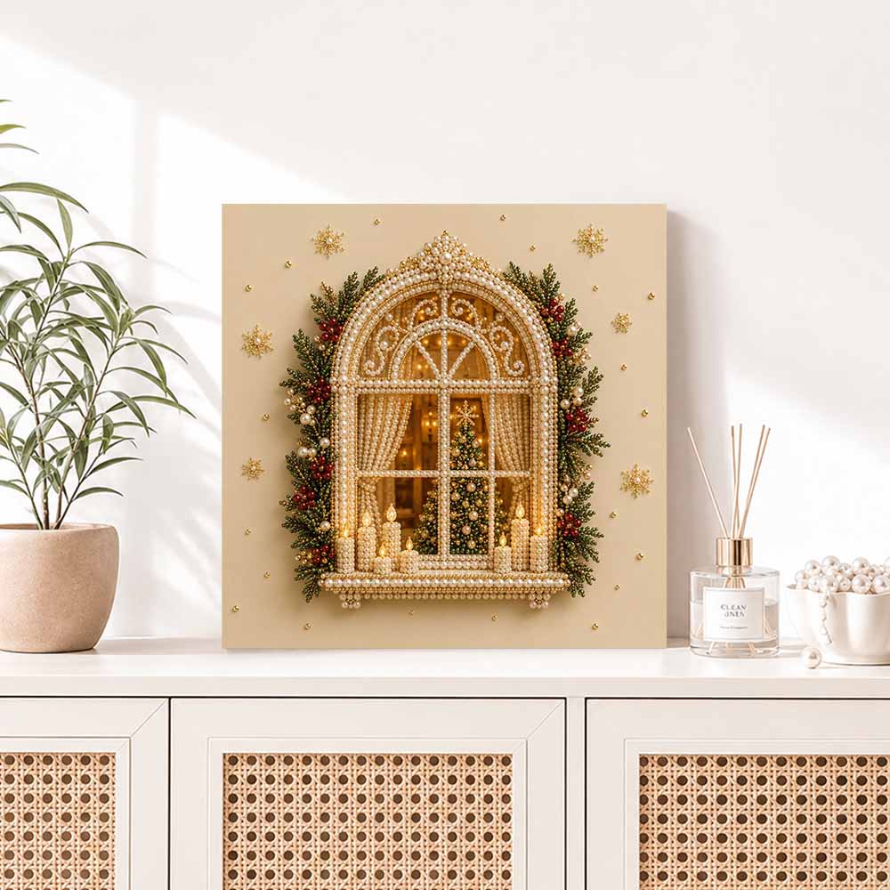 Pearl Painting Christmas Art Kit DIY Home Decor Painting. Arched Window Scene. Winter Tree. Holiday Ornament. Elegant Craft.