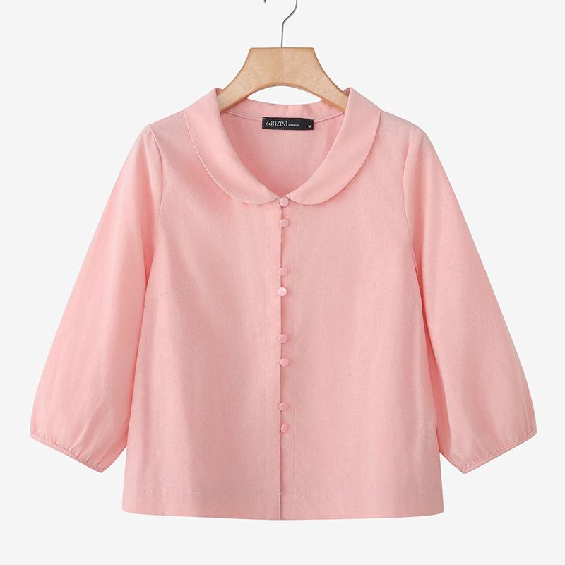 ZANZEA Women Casual Doll Collar Solid Color Loose 3/4 Sleeve Blouse