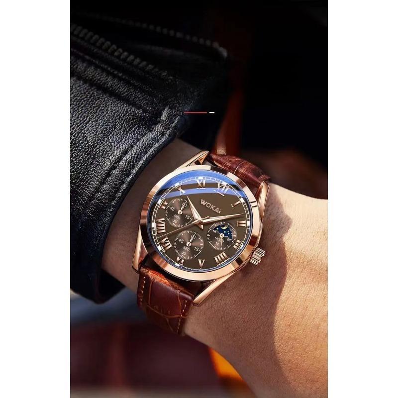 Fashion Business Three-Eye Roman Dial Bamboo Belt Quartz Watch