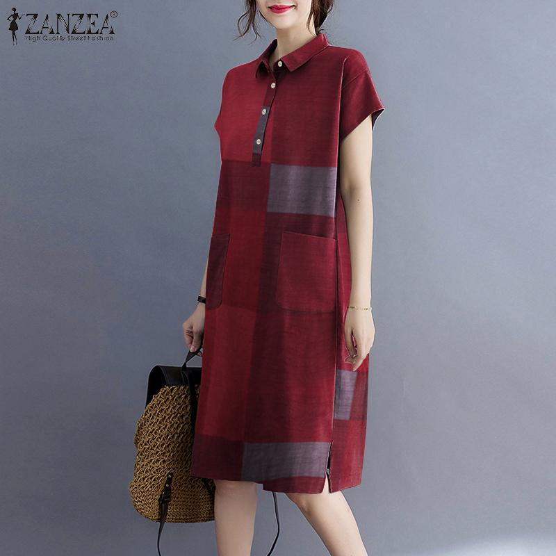 ZANZEA Rochie Casual Largă cu Mânecă Scurtă și Guler Turn-Down pentru Femei