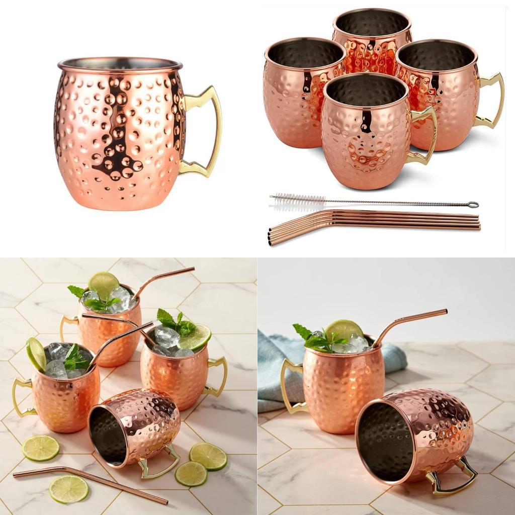 Rose Gold Cocktail Glass With Hammered Style And Stainless Steel Straw For Home Bar Decor