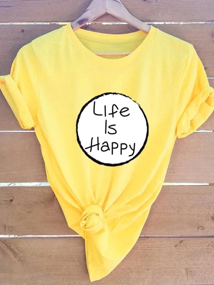 Life Is Happy Circle Print Women T Shirt Short Sleeve O Neck Loose Women Tshirt Ladies Tee Shirt Tops Clothes Camisetas Mujer