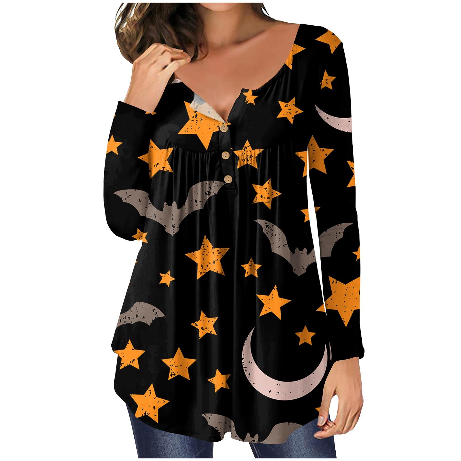 

Summer Women s Fashion Casual Long Sleeve Buttons Halloween Print Round-Neck Pullover Top Blouse M кавовий
