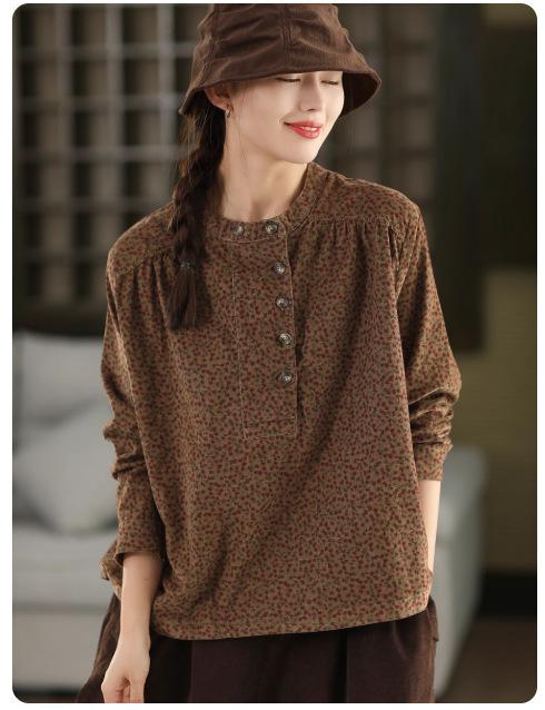 Johnature Cămăși Topuri Vintage din Catifea pentru Femei cu Guler Înalt și Mânecă Lungă Toamnă Stil Chinezesc Cămăși Femeie