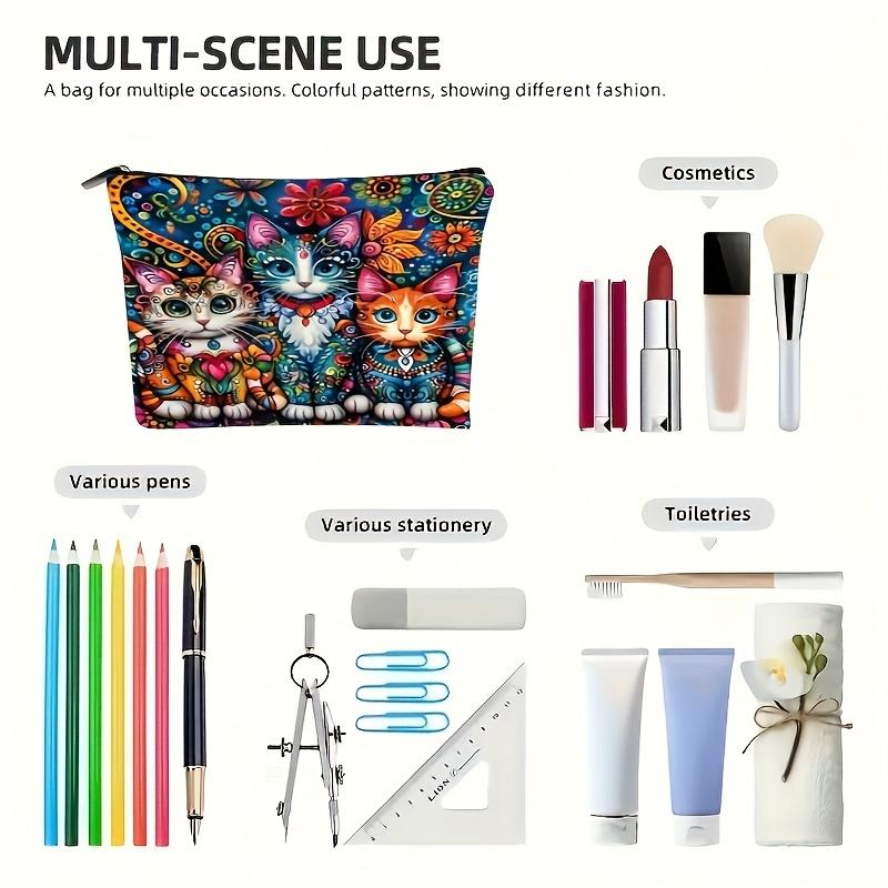 Bohemian Cat & Floral Makeup Bag with Safety Zipper Lightweight Multi-Functional Travel Cosmetic Organizer for Women Makeup Travel Bag