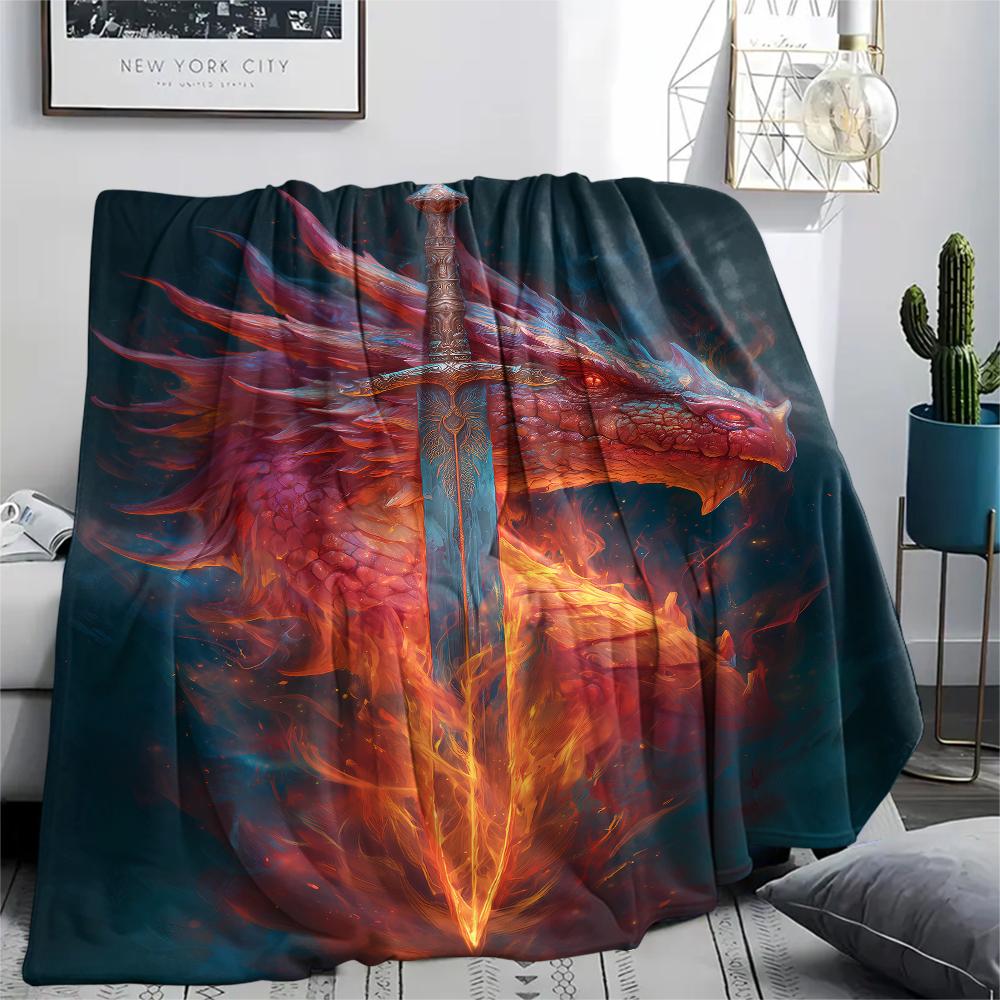 Sword and Dragon Print Flannel Blanket,High quality Comfortable for All Seasons,Home Decor,Warmth and Comfort,Perfect for Christmas Gifts
