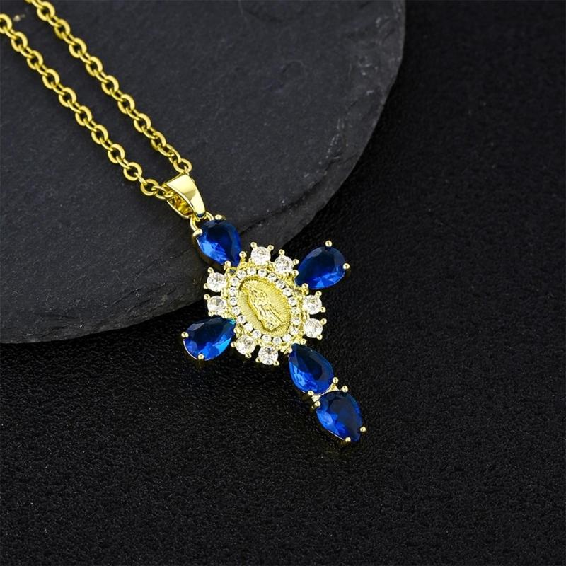 Crucifix Pendant Necklace Unique Cross Maria Charm Clavicle Chain Adjustable Choker Ethnic Style Jewelry Accessory