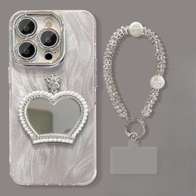 Pearl Crown Mirror Bracelet Applicable To Apple 16PRO Feather Yarn Mobile Case 15 Full-pack Lens Film X Anti-fall