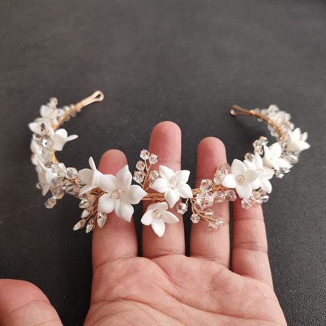 SLBRIDAL Handmade Ins Style Luxury Rhinestone Crystal Porcelain Flower Bridal Tiara Wedding Bridesmaids Crown Women Hair Jewelry