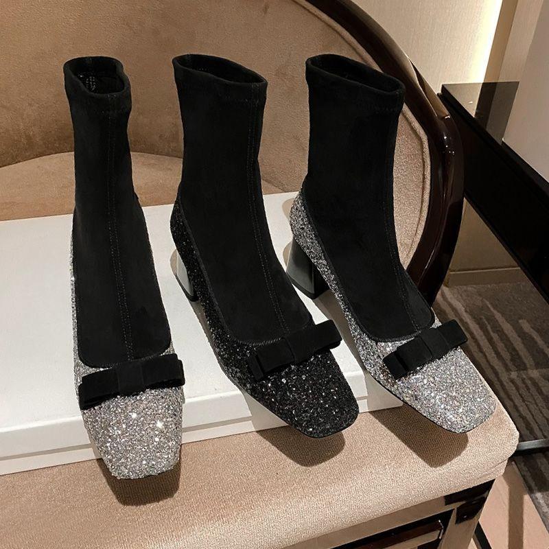 Anti-slip Socks and Boots - Women's High-heeled Stretch Shoes, Nude Boots, Short Boots