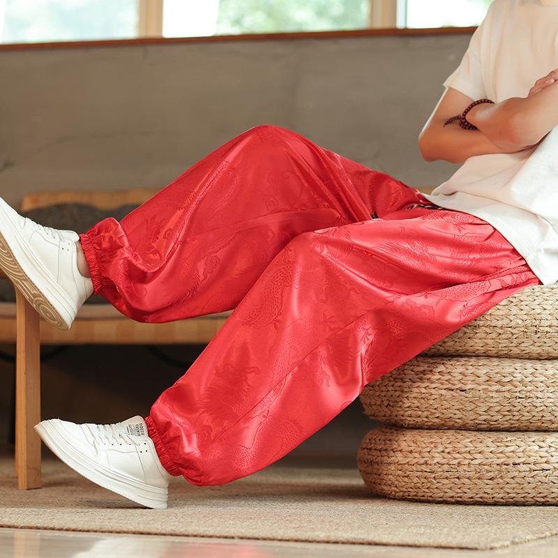 Calças de Marca para Homem ao Ar Livre Seda de Gelo Dragão Flor Escura Bloomers Largos Calças Casuais de Perna Larga Masculino