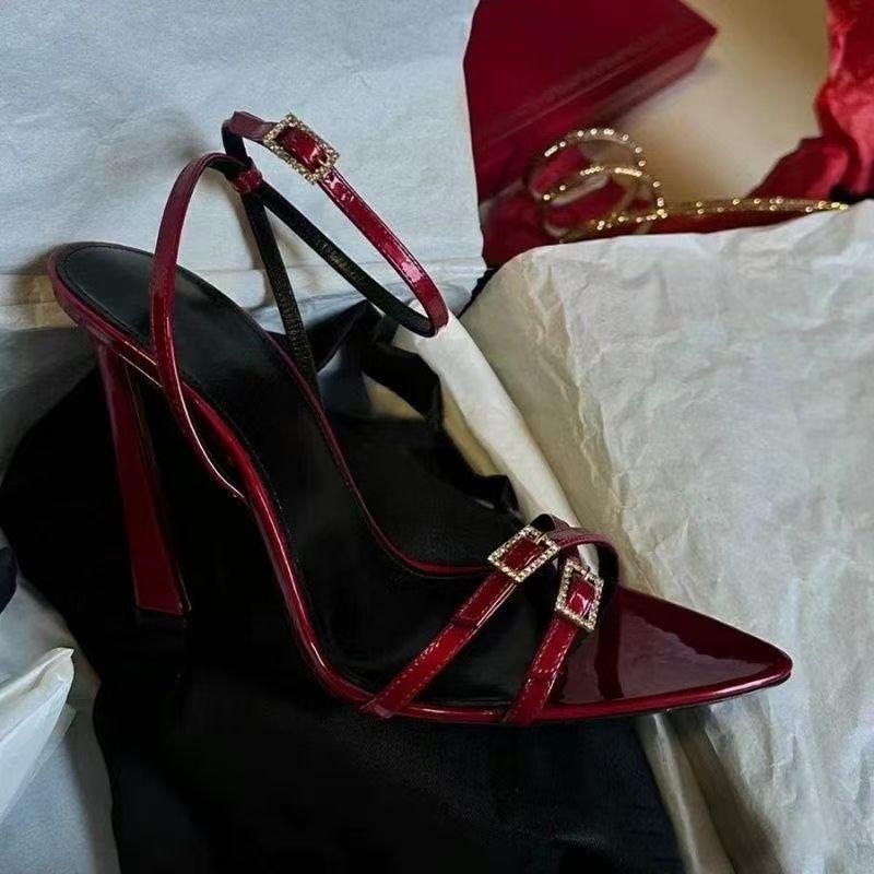 Fashion High Sense Celebrity Temperament 2025 Summer Open-toed Pointed Rhinestone Square Buckle with Cut Men's High-heeled Sandals