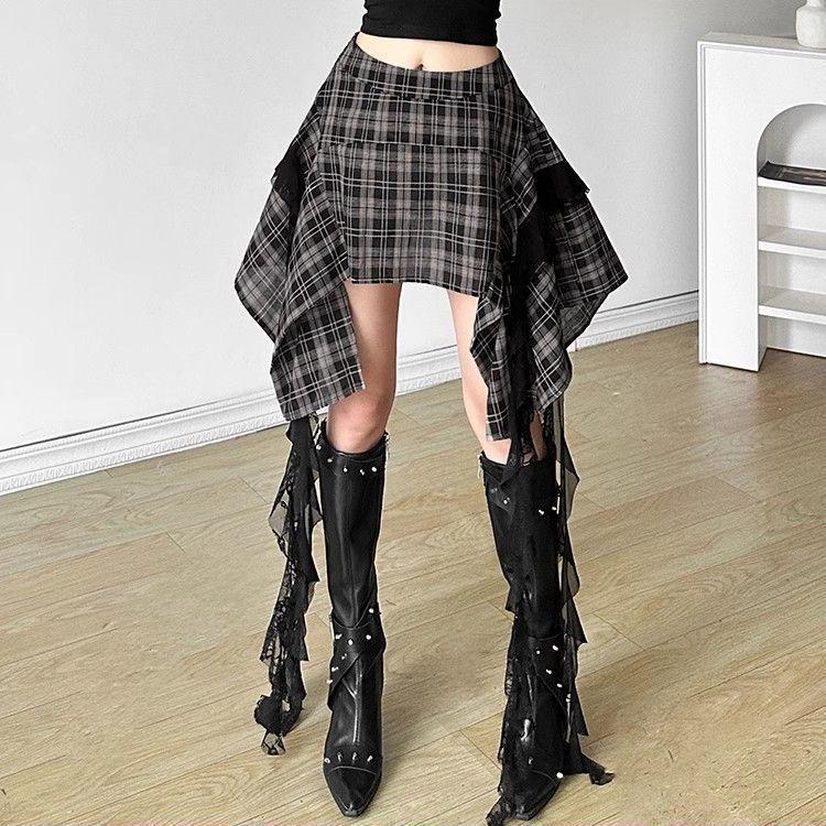 Women's High-Waisted Plaid Skirt - Retro Fashion, Flowy Belted Design, Slimming Irregular Hem