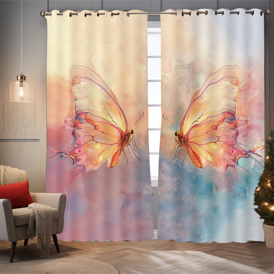 2 pieces of colorful butterfly patterned printed curtains, used for decoration, bedrooms, and living rooms