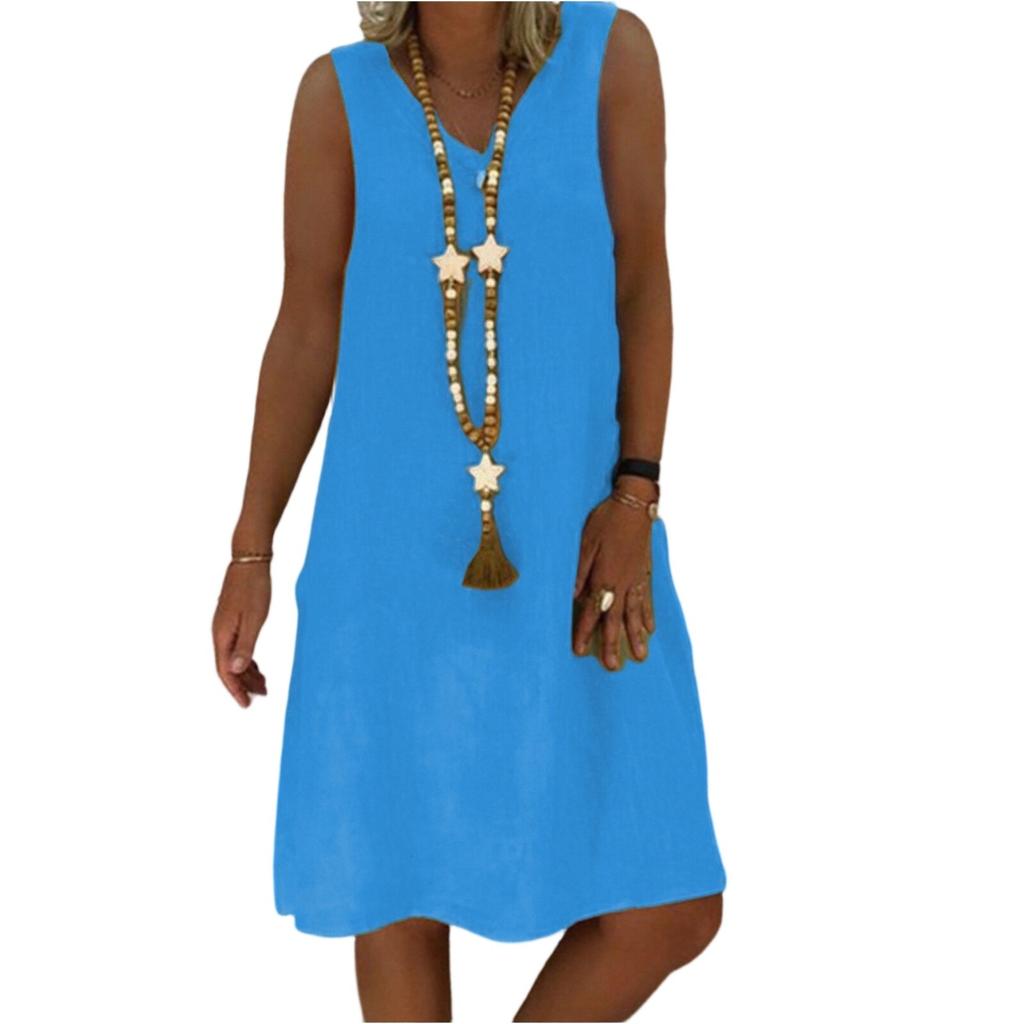 Women's Dresses Color Vintage V-Neck Cotton Sleeveless Vest Dresses