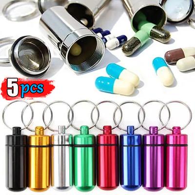 1/5 pièces Mini boîte à pilules en aluminium colorée étui à médicaments conteneur porte-bouteille porte-clés boîte à pilules extérieure porte-clés portable