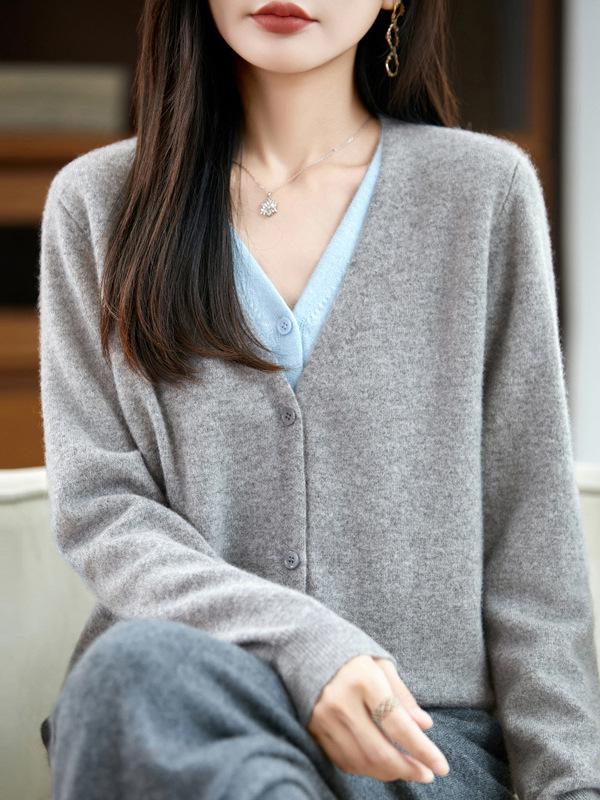 100% Wool Color Block V-Neck Women's Two-Piece Knit Cardigan Sweater - Autumn/Winter 2026