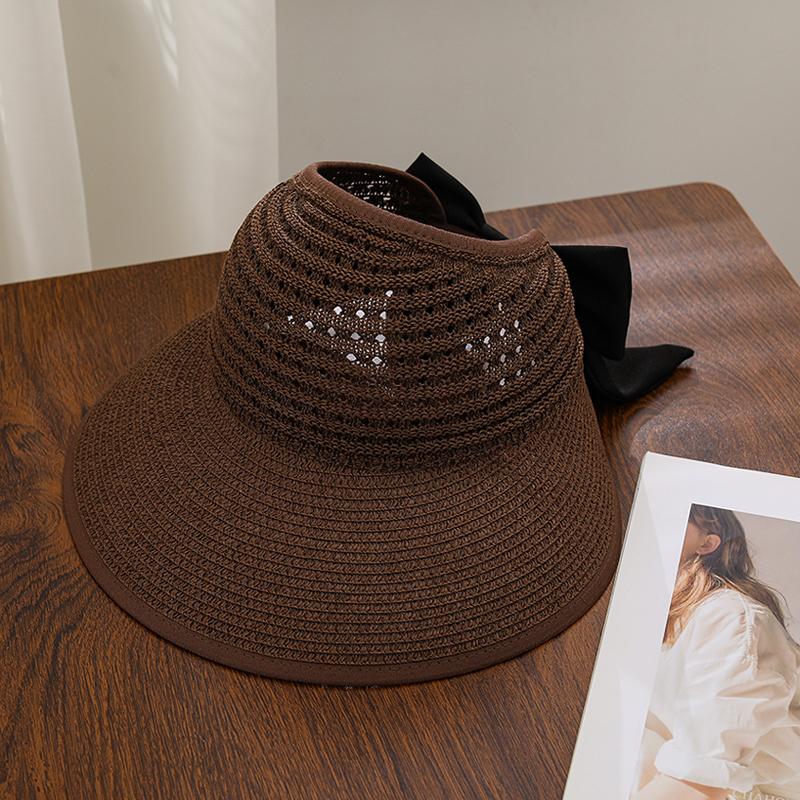 Summer sun hat women's Korean version fashionable bow top sun hat outdoor travel straw woven large eave sun hat
