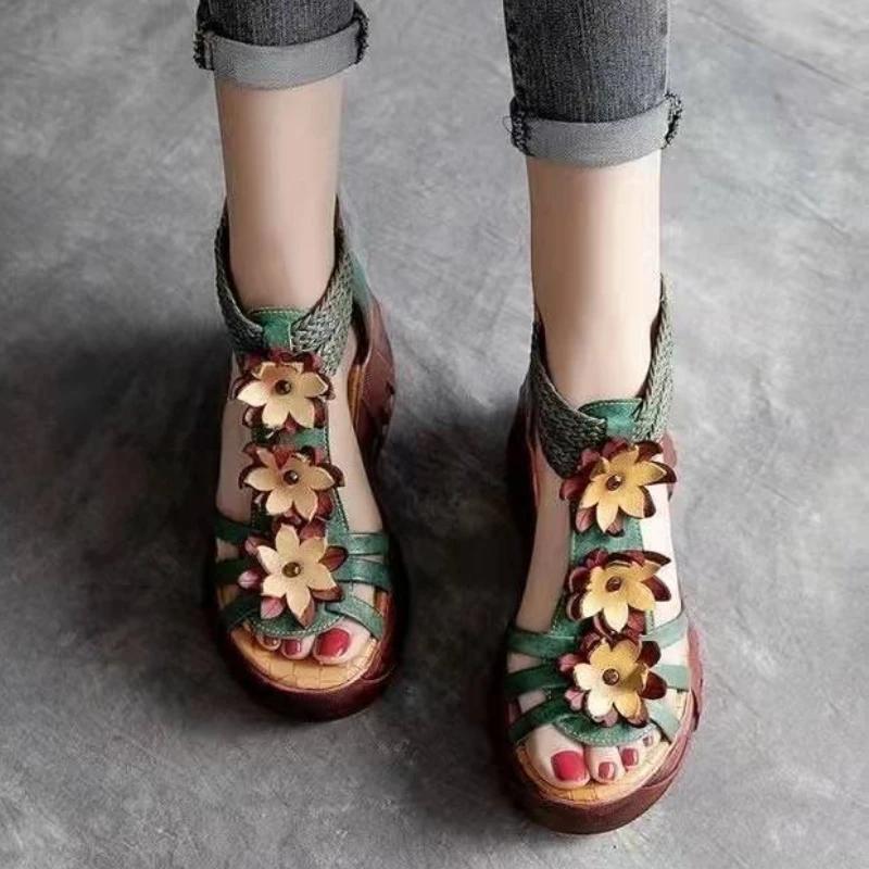 Retro Flower Sandals Women's Roman Open Toe Round Head Hollow Fish Mouth Wedges Shoes Anti-slip Slippers Sandales Femmes