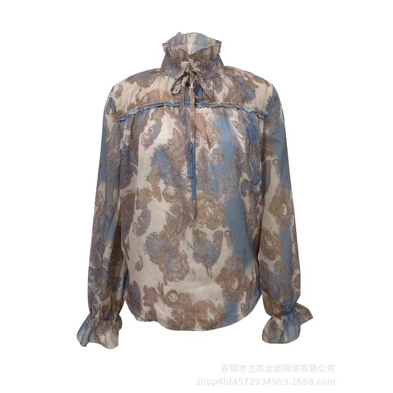 Spring and Summer New Style Lantern Sleeve Lace-up Top Floral Print Holiday Style Shirt