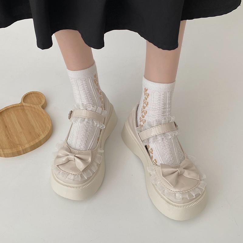 Sladké krajkové středně vysoké podpatky Mary Janes Dámské Krásná mašlička Platforma Lolita Boty Žena Kulatá špička Silná podrážka Protiskluzové Jk Boty