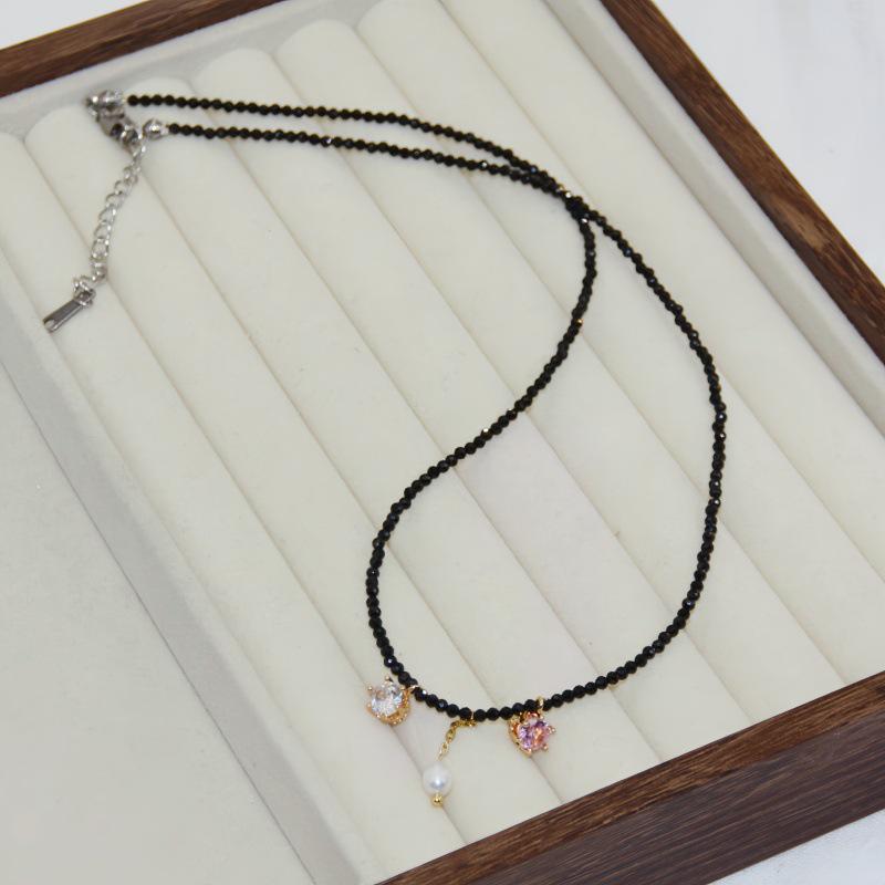 Korean Retro Black Crystal Freshwater Pearl Choker Necklace for Women