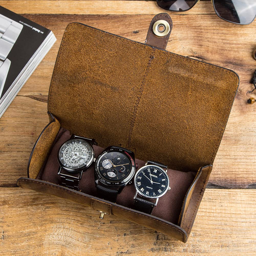 HIRAM Watch Watch Collection Easy To Holds 3 Gift Case, Box, Storage, Carry, Watches, Cylindrical, Leather, Compact,