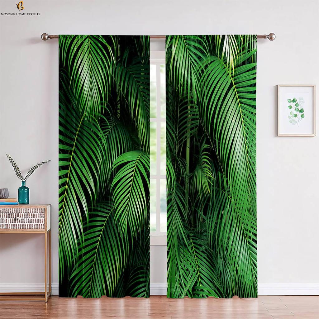 2pcs Tropical Vegetation Leaves 3D Printed Curtain Rod Pocket Machine Washable Bedroom Living Room Kitchen Decorative Curtains