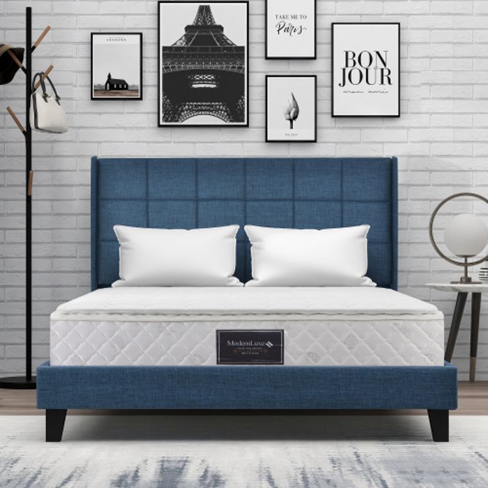 Lit - 140x200 cm - Tête de lit rembourrée - Bleu en lin - Matelas à ressorts inclus