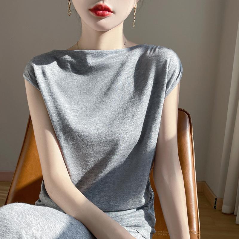 Women's Wool Sleeveless Pullover Qinghe Cashmere 50% Silk 50% Wool Spring and Summer Wool Short Sleeve Soft Comfortable Warm